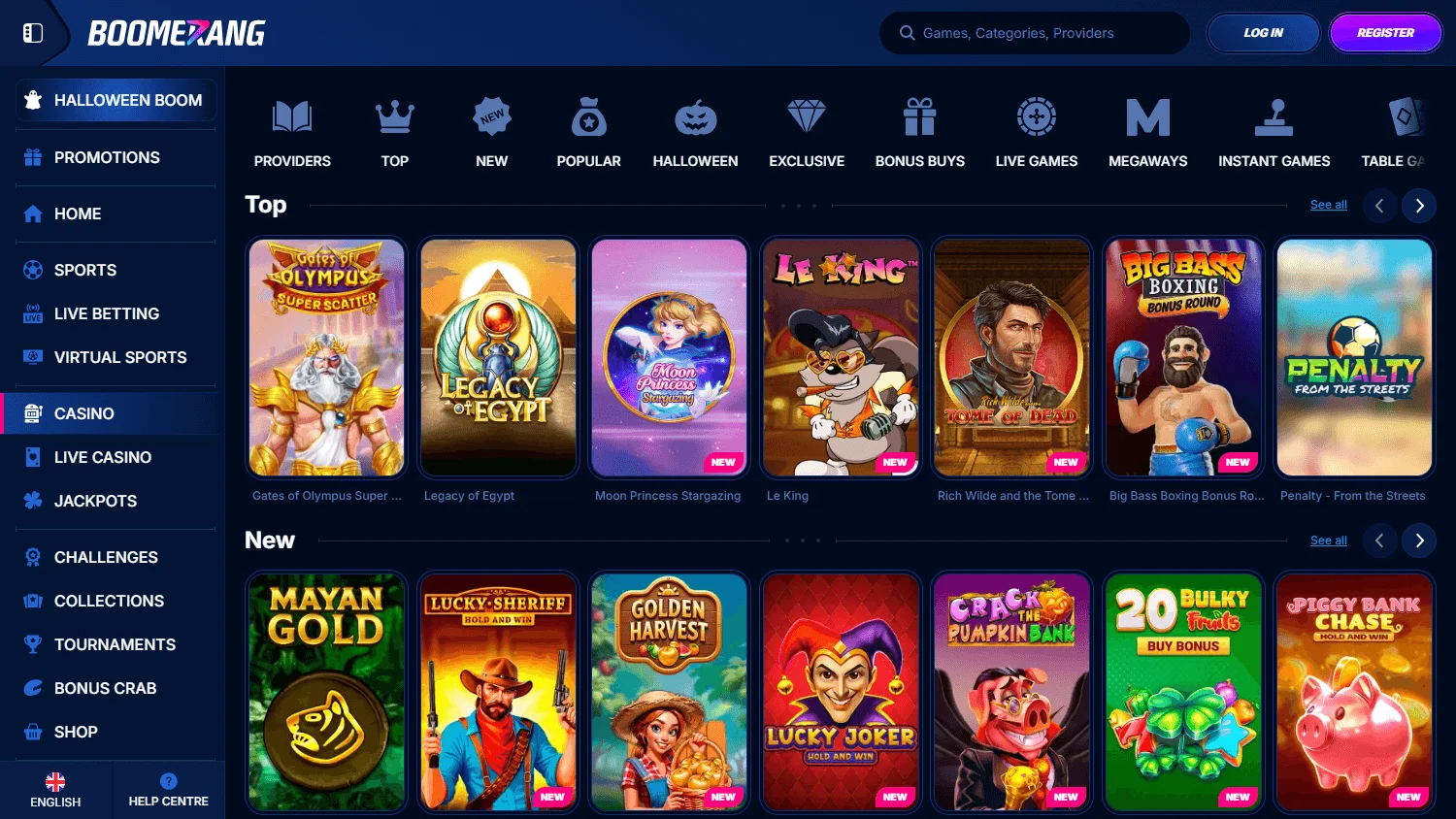 Boomerang Bet Casino desktop casino games screen