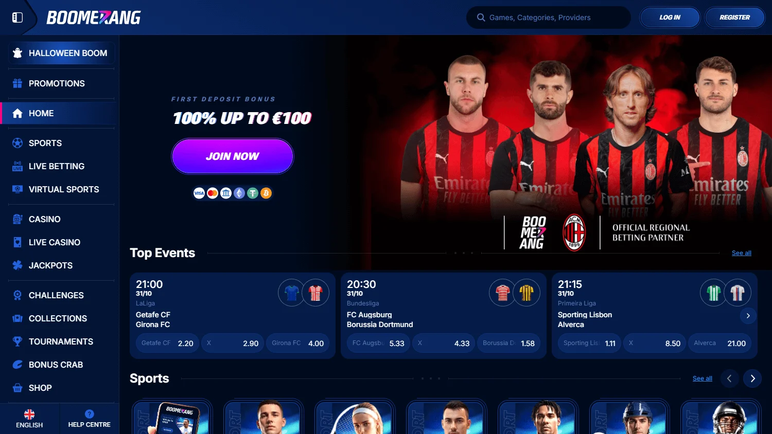 Boomerang Bet Casino desktop home screen
