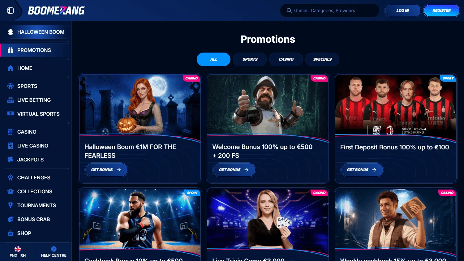 Boomerang Bet Casino desktop promotions screen