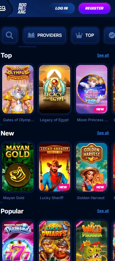 Boomerang Bet Casino mobile casino games screen