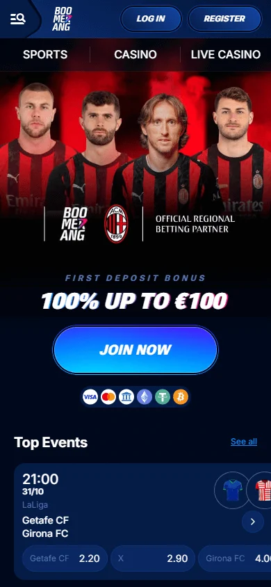 Boomerang Bet Casino mobile home screen