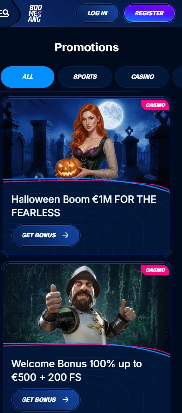Boomerang Bet Casino mobile promotions screen